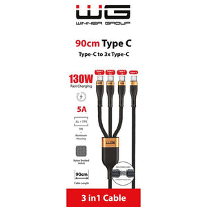 3v1 kábel USB-C na 3x USB-C, 0,9m, 100W+15W+15W, čierna