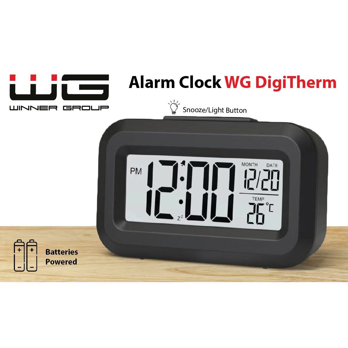 Budík s vnútorným teplomerom WG DigiTherm Alarm, čierna