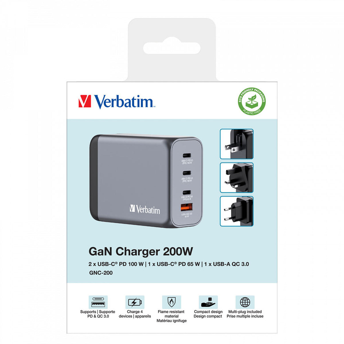 GaN nabíjačka Verbatim 200W, 2xUSB-C PD/USB-A QC 3.0