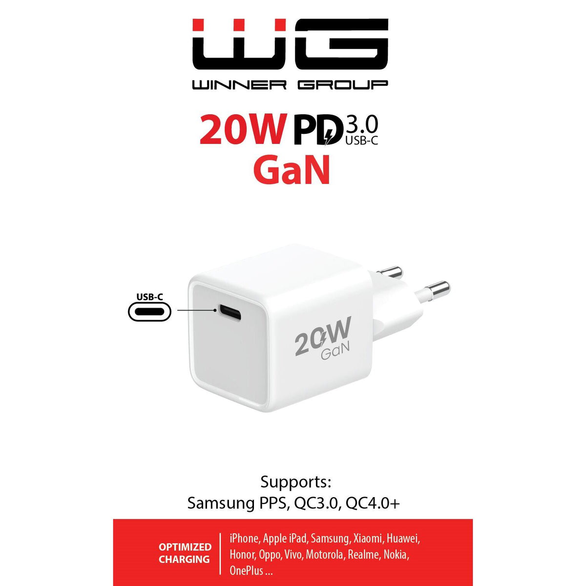 GaN nabíjačka WG 1xUSB-C s PD 20W, biela