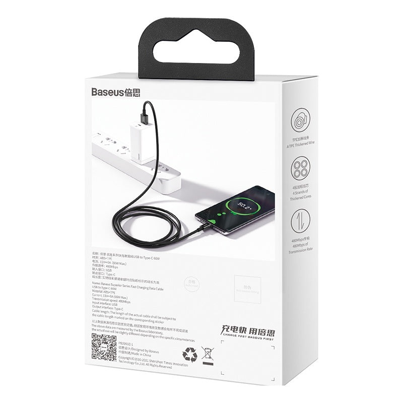 Kábel Baseus Superior USB na USB-C, 1m, 66W, čierna