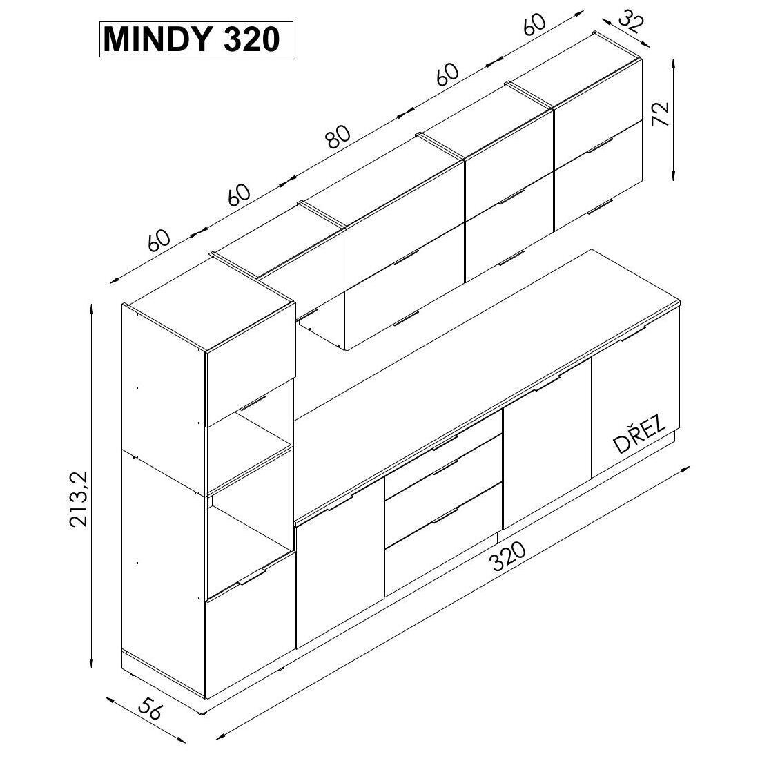 Kuchyňa Mindy 320 cm (sivá mat) - II. akosť