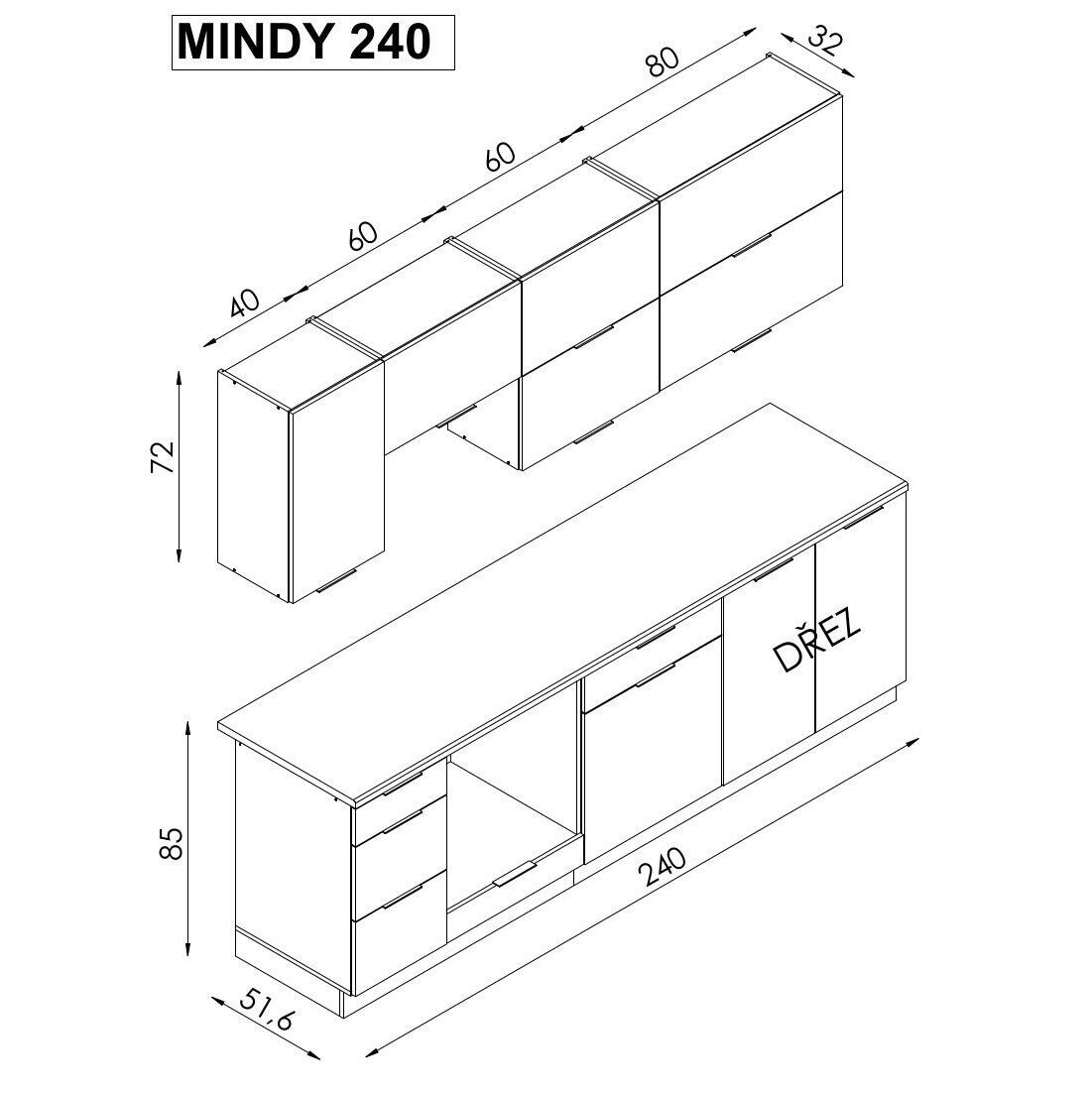 Kuchyně Mindy 240 cm (šedá mat) II. akosť