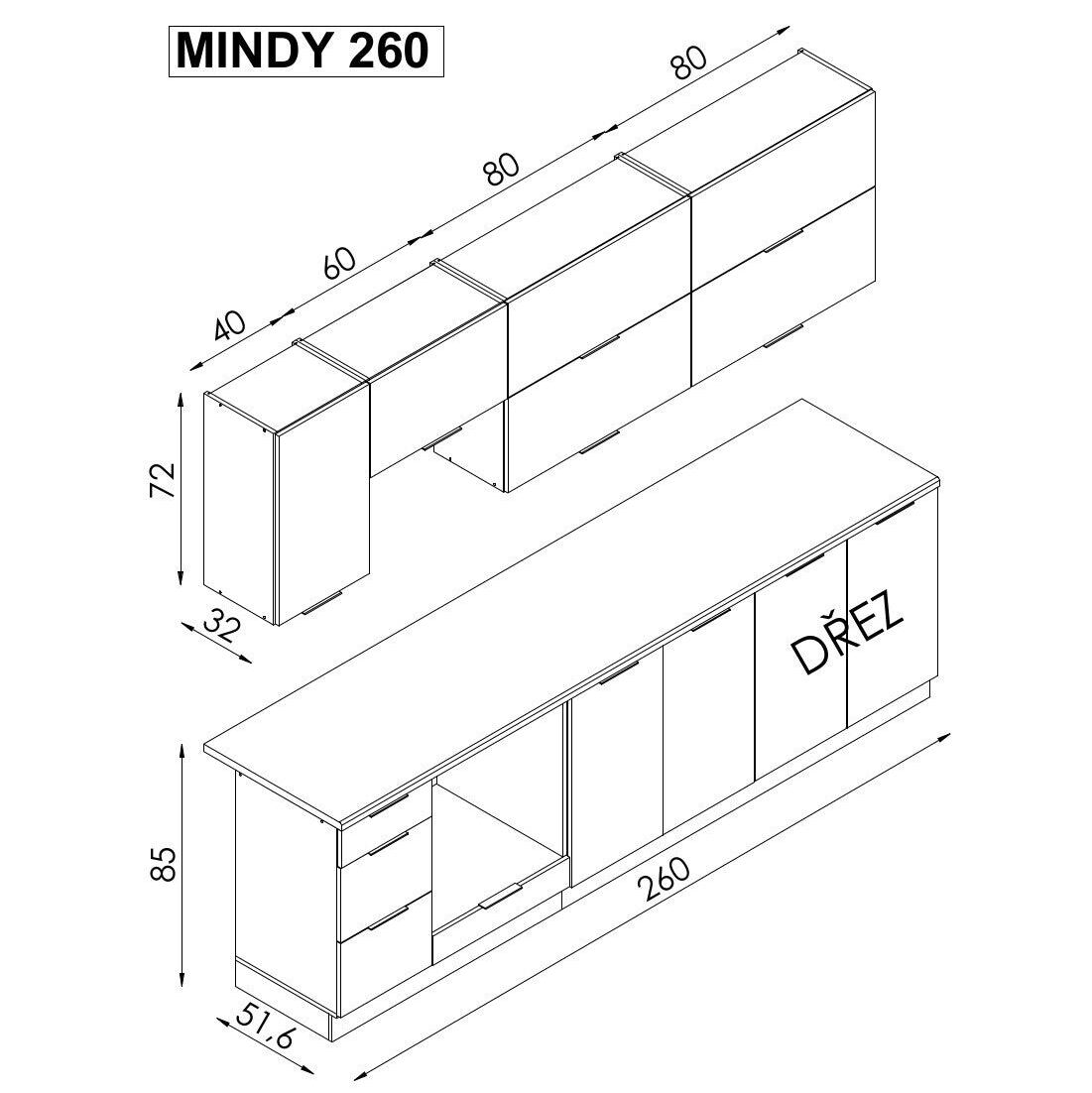 Kuchyně Mindy 260 cm (šedá mat) ROZBALENÉ