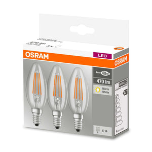 LED žiarovka Osram BASE, E14, 4W, sviečka, teplá biela, 3ks