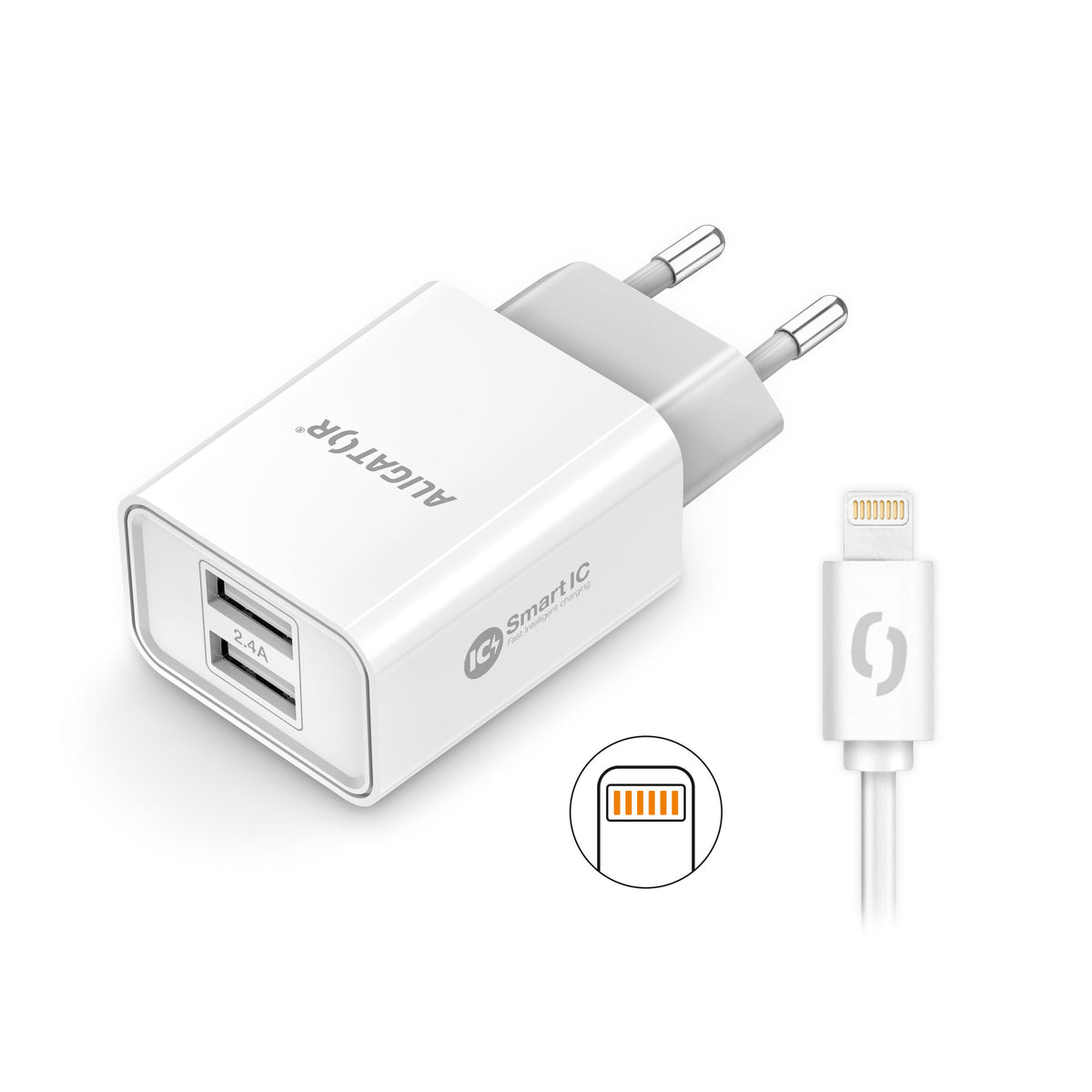 Nabíjačka Aligator 2,4A,2xUSB,smart IC, biela + kábel Lightning VYBALENÉ