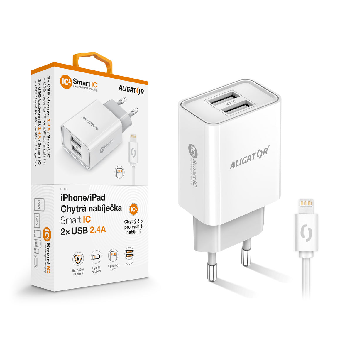 Nabíjačka Aligator 2,4A,2xUSB,smart IC, biela + kábel Lightning VYBALENÉ