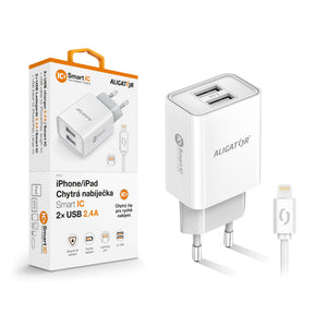 Nabíjačka Aligator 2,4A,2xUSB,smart IC, biela + kábel Lightning VYBALENÉ