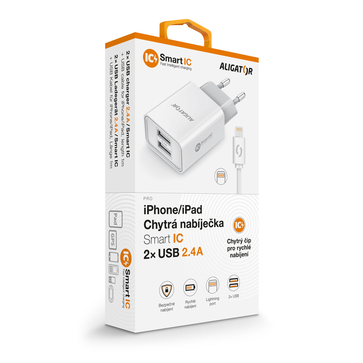 Nabíjačka Aligator 2,4A,2xUSB,smart IC, biela + kábel Lightning VYBALENÉ