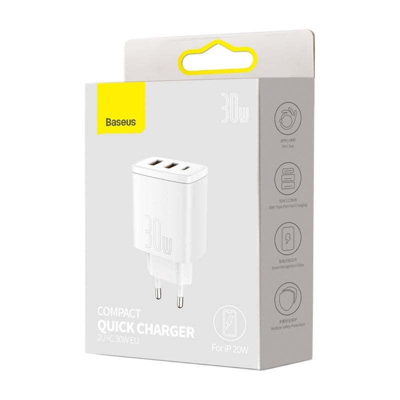 Nabíjačka Baseus 2xUSB/USB-C PD QC, 30W, biela