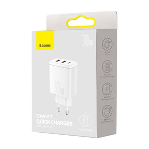 Nabíjačka Baseus 2xUSB/USB-C PD QC, 30W, biela