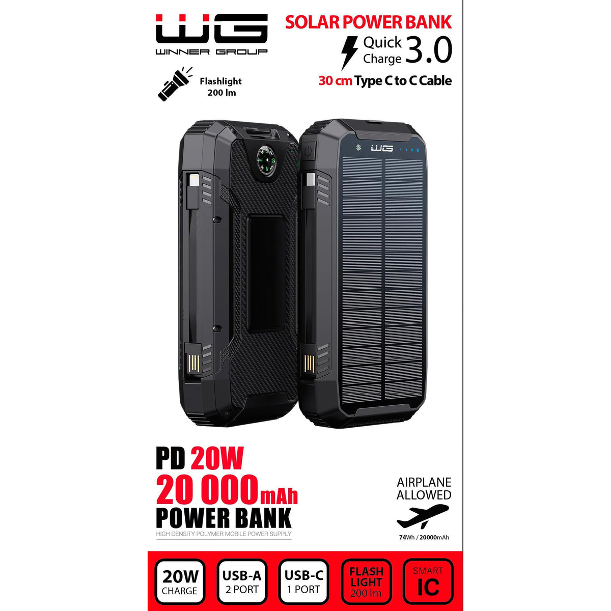 Odolná powerbanka WG Sunny 20000mAh, PD 20W, svietidlo, kompas