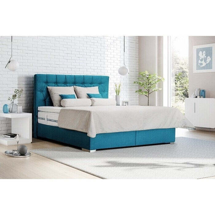 Posteľ Boxspring Edward 200x200, modrá, vrátane, matraca a toppera - II. akosť