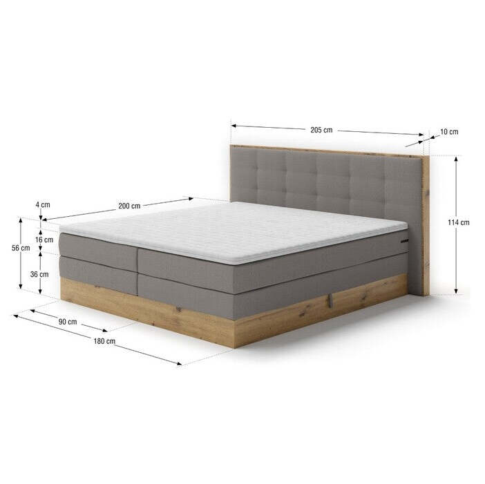 Posteľ Boxspring Frederic 180x200, sivá, dub, vr. matrac a topper - II. akosť