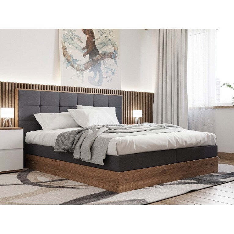 Posteľ Boxspring Frederic 180x200, sivá, dub, vr. matrac a topper - II. akosť