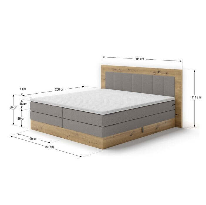 Postel Boxspring Marc 180x200, šedá,dub vč. matrace a topperu VYSTAVENÉ