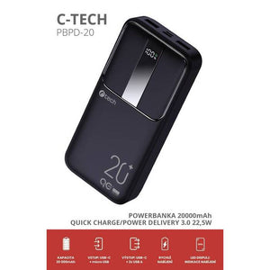 Powerbanka C-tech 20000mAh, 22,5W, čierna