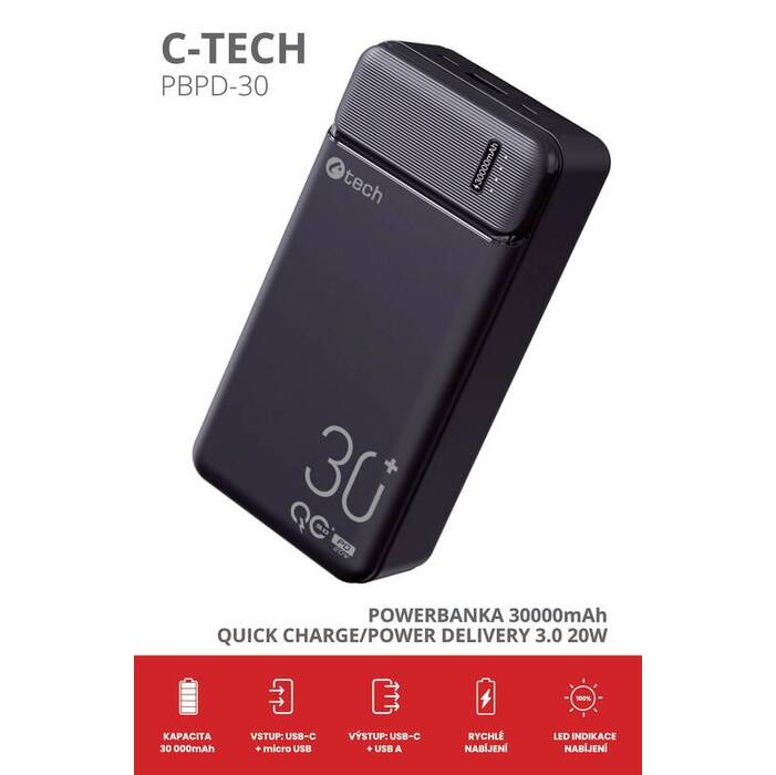 Powerbanka C-tech 30000mAh, 20W, čierna