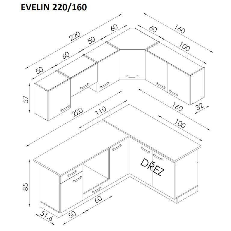 Rohová kuchyňa Evelin pravý/ľavý roh 220x160 cm (magnólia, orech)