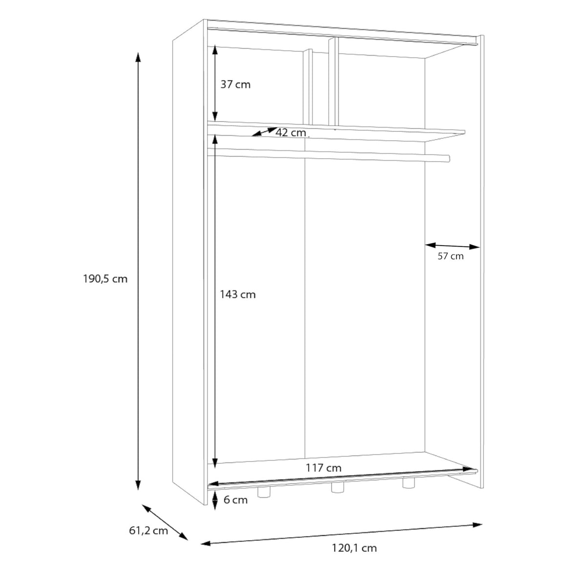 Šatníková skriňa Amy - 120,1x190,5x61,2 cm (biela, dub)