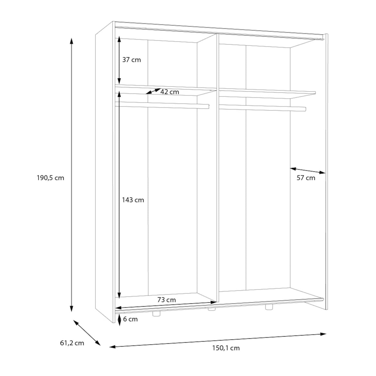 Šatníková skriňa Amy - 150,1x190,5x61,2 cm (biela)