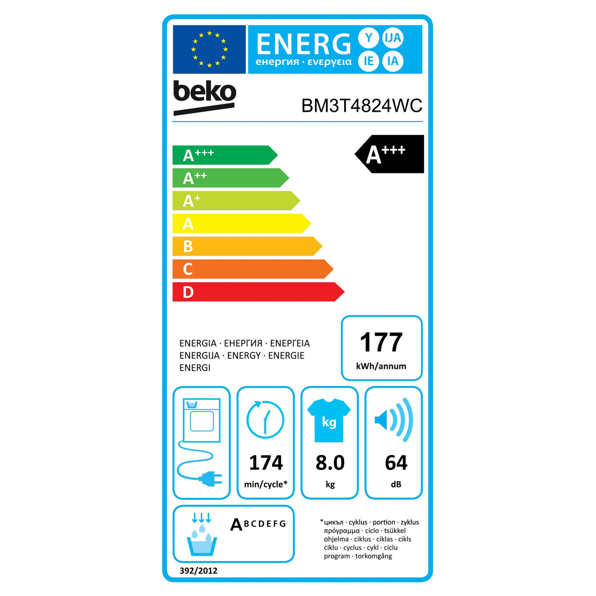 Sušička bielizne Beko BM3T4824WC, A+++, 8 kg