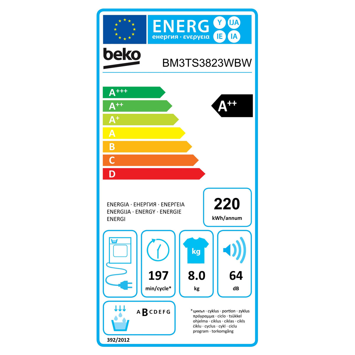 Sušička bielizne Beko BM3TS3823WBW, A++, 8 kg