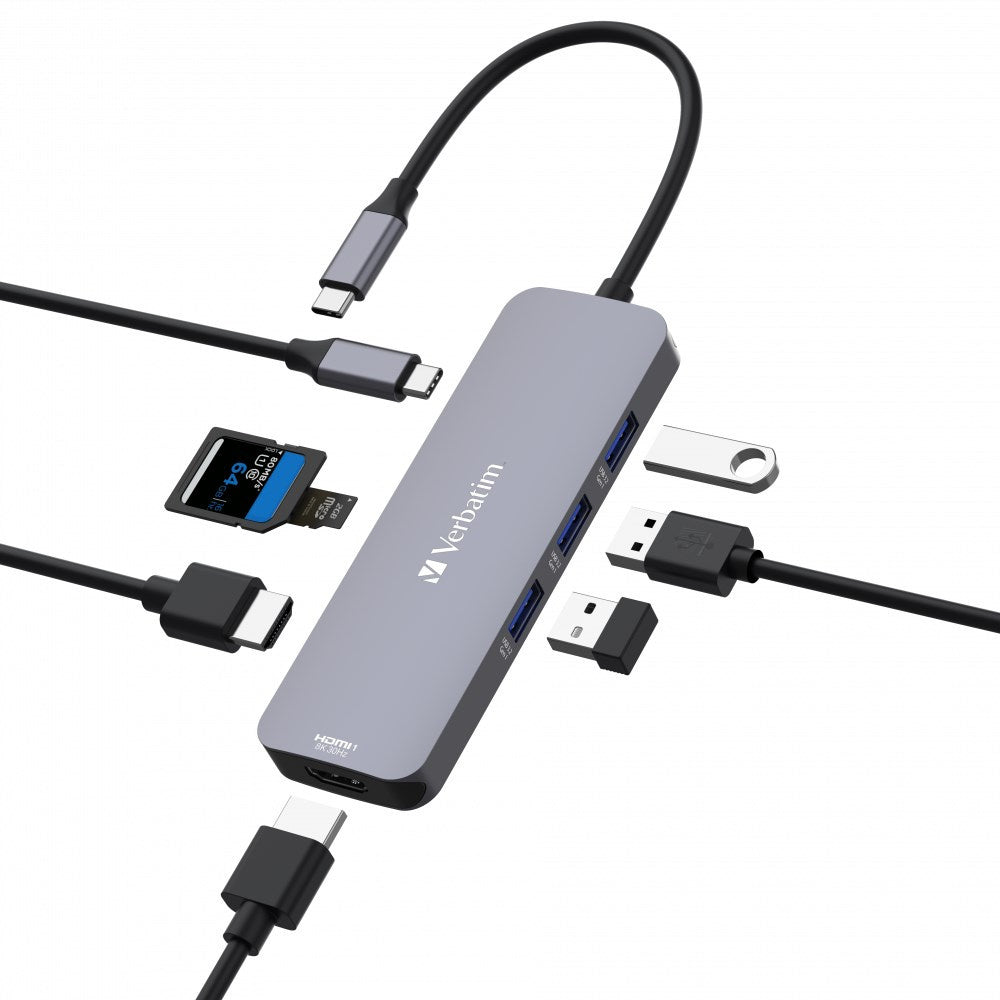 USB-C hub Verbatim 8,2xHDMI,3xUSB-A,SD,microSD,USB-C PD