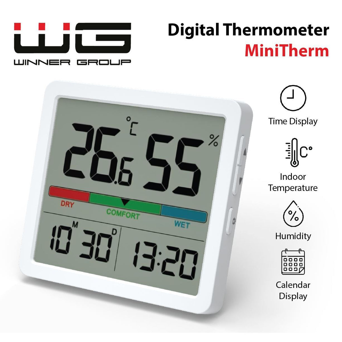 Vnútorný teplomer s vlhkomerom a hodinami WG5 MiniTherm, biela