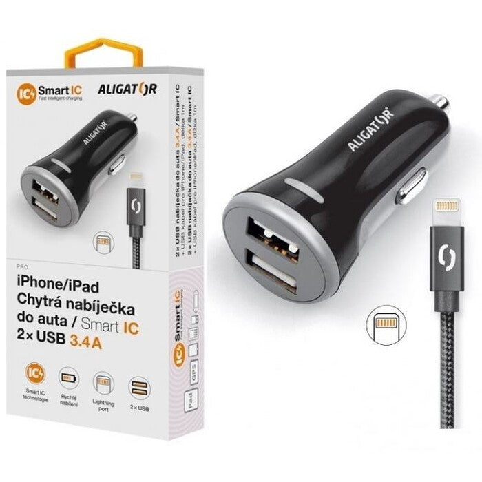 Autonabíjačka Aligator 3.4A, 2xUSB + kábel lightning, čierna