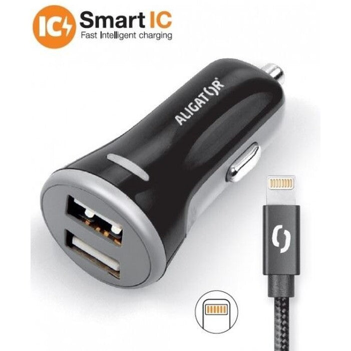 Autonabíjačka Aligator 3.4A, 2xUSB + kábel lightning, čierna