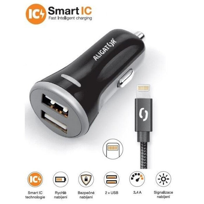 Autonabíjačka Aligator 3.4A, 2xUSB + kábel lightning, čierna