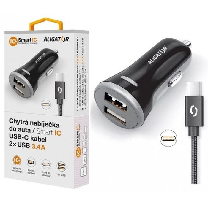 Autonabíjačka Aligator 3.4A,2xUSB,Smart IC,čierna,USB-C kábel