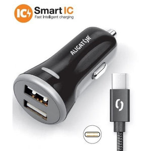 Autonabíjačka Aligator 3.4A,2xUSB,Smart IC,čierna,USB-C kábel