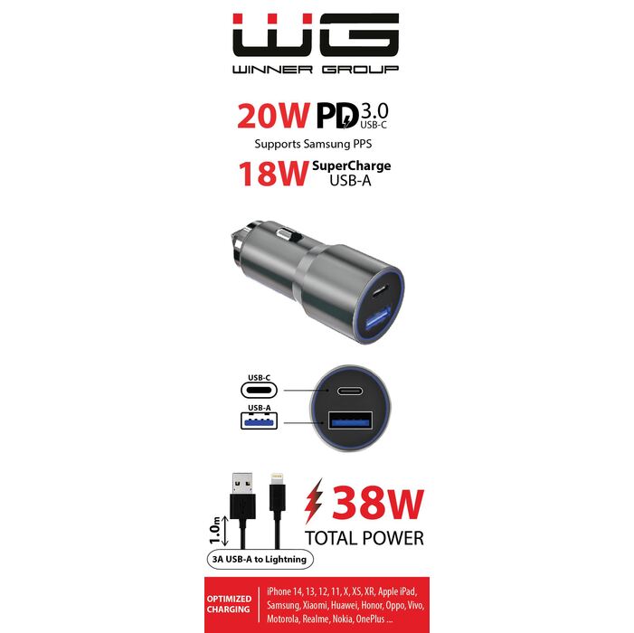 Autonabíjačka WG 2xUSB 38W, USB + USB-C + kábel lightning, biela