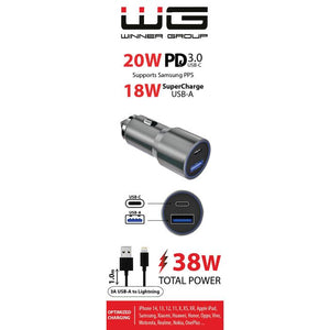 Autonabíjačka WG 2xUSB 38W, USB + USB-C + kábel lightning, biela