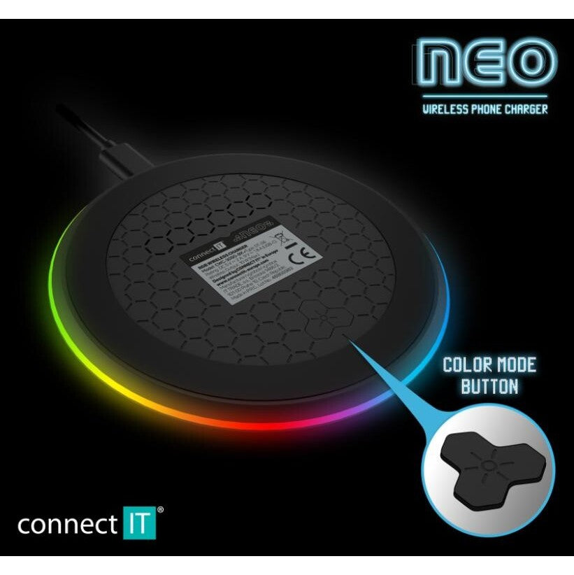 Bezdrôtová nabíjačka CONNECT IT 10W, RGB podsvietenie, čierna