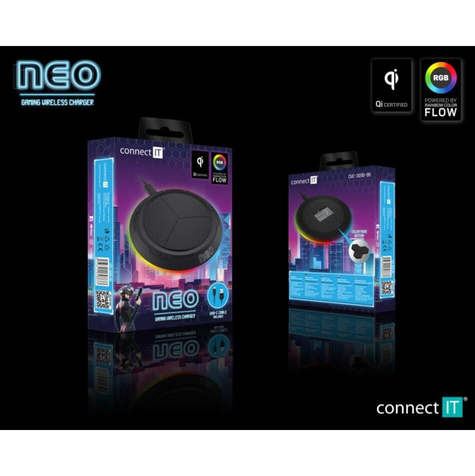 Bezdrôtová nabíjačka CONNECT IT 10W, RGB podsvietenie, čierna