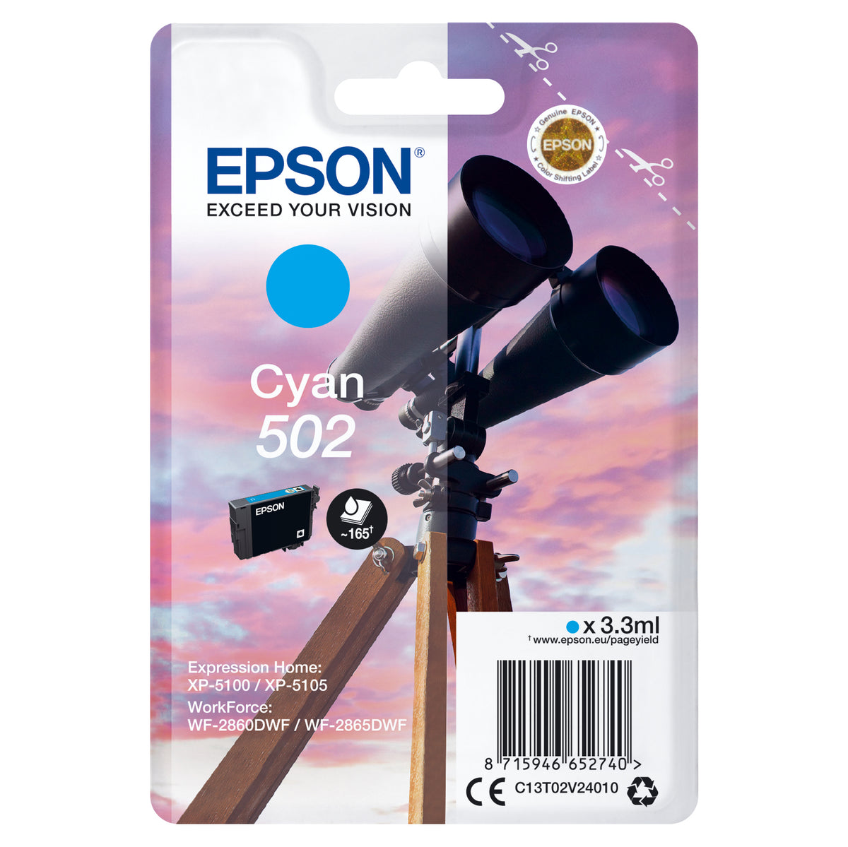 Epson originálny ink C13T02V24010, 502, T02V240, cyan, 3.3ml