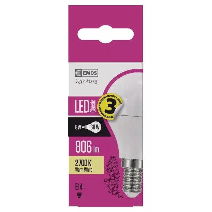 Emos ZQ1230 LED žiarovka Classic Globe 8W E14 teplá biela