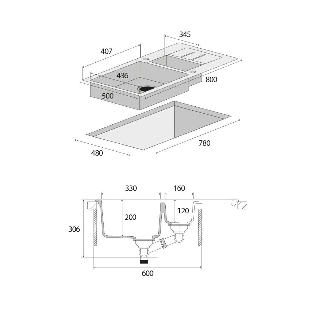 Granitový drez s vaničkou a odkvapom Cubis DG205C60wh