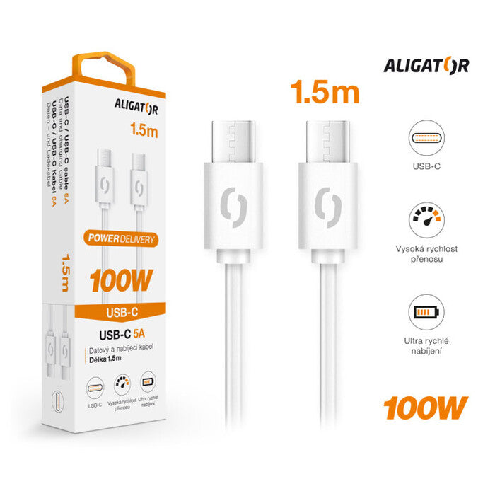 Kábel Aligator Power 100W, Typ C na Typ C, 5A, 1,5m, biela