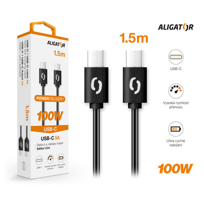 Kábel Aligator Power 100W, Typ C na Typ C, 5A, 1,5m, čierna