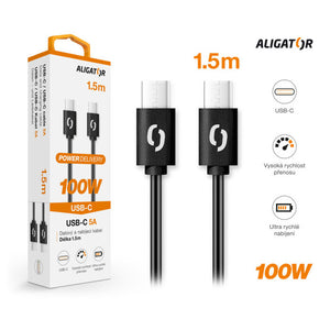 Kábel Aligator Power 100W, Typ C na Typ C, 5A, 1,5m, čierna