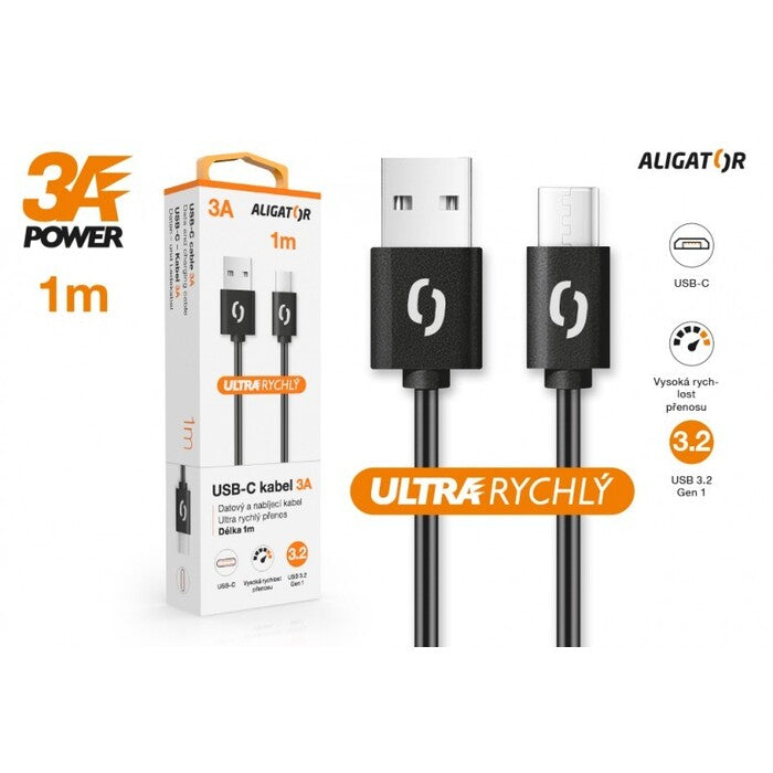 Kábel Aligator Power 3A, USB-C 1m, čierna