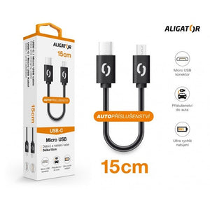 Kábel Aligator Power, USB-C na microUSB, 15cm, čierna