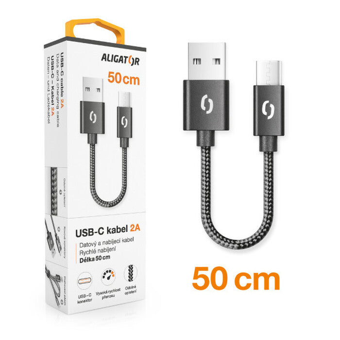 Kábel Aligator Premium 2A, Typ C na USB, 50cm, čierna