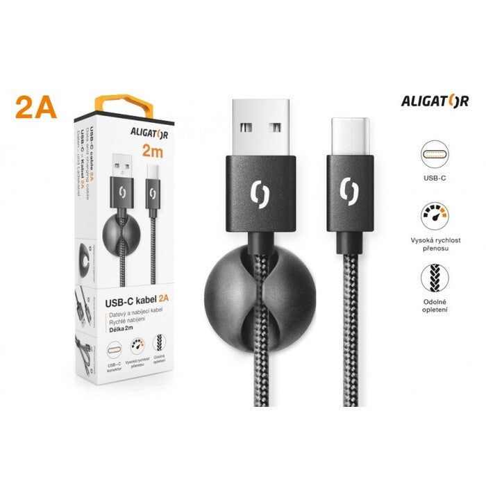 Kábel Aligator Premium 2A, USB-C 2m, čierna