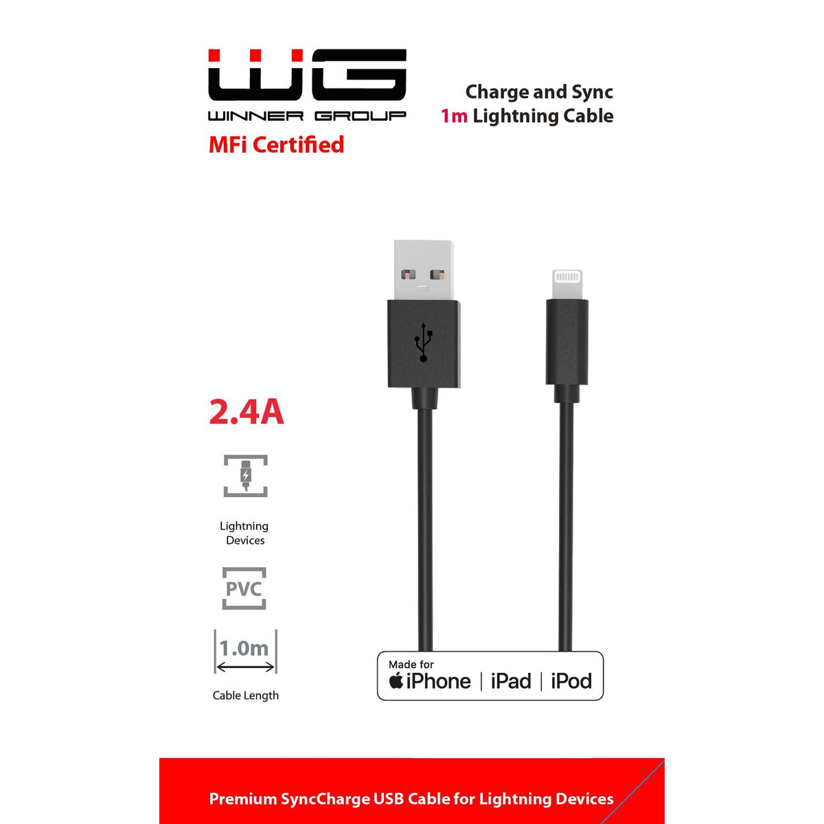 Kábel WG Lightning MFI na USB, 1m, čierna