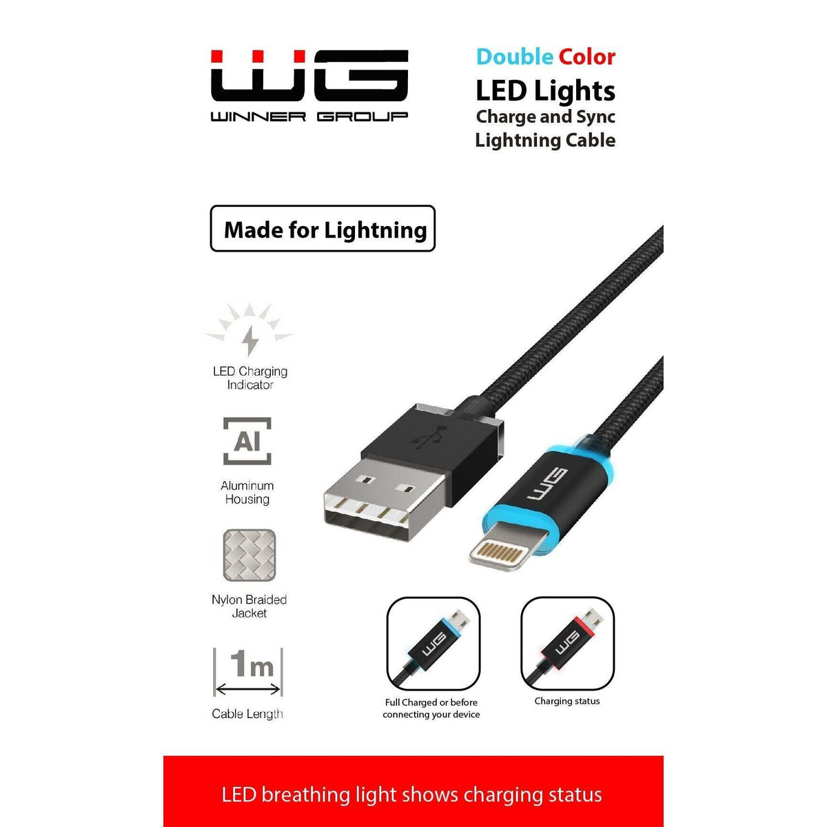 Kábel WG Lightning na USB, 1m, LED indikácia nabíjania POUŽITÉ, NEOPOTREBOVANÝ TOVAR